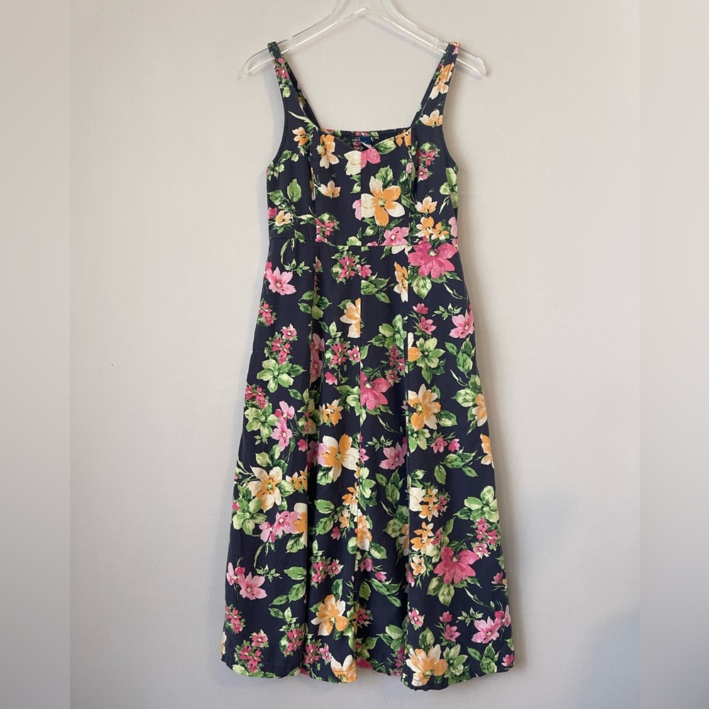 Navy Floral Sweatheart Fit & Flare Sundress Linen Blend S